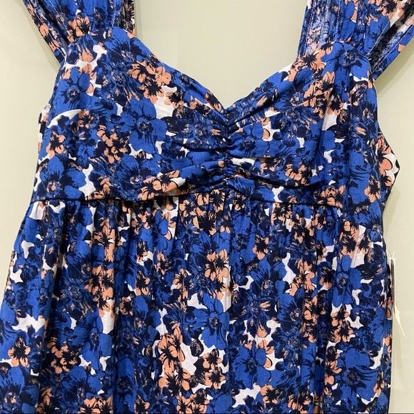 Free People; Blue Pattern Play Linen Floral ;Ruffle Mini Dress; Size  Small,. - Picture 3 of 9